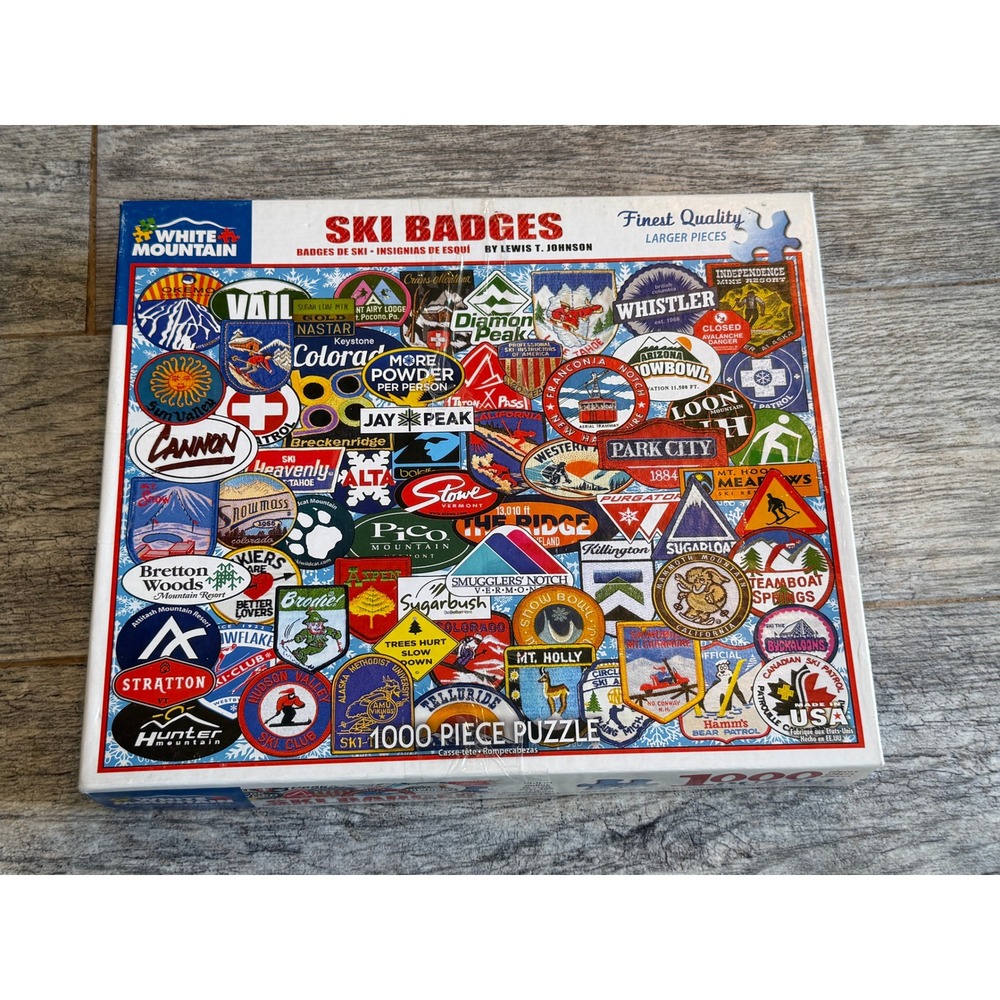 White Mountain Ski Badges 1000 Piece Puzzle Collage 1191 Open Box Winter Resorts